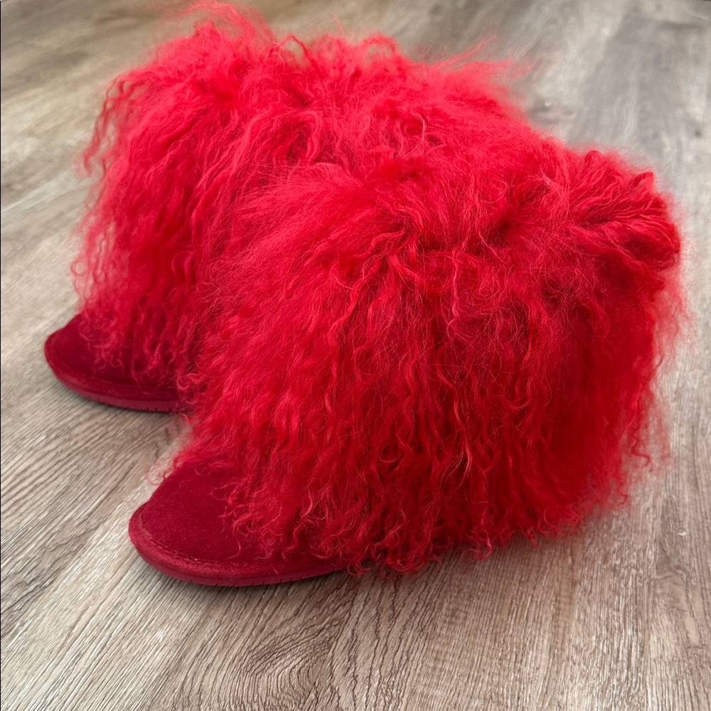 Bearpaw Boo Boots Genuine Leather Suede Long Fur Sheepskin Red